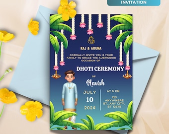 Dhoti ceremony invitation for Dhothi function invite & Panchalu invitation for Pancha Kattu, Dhoti invitations as Pacha Kattu invites
