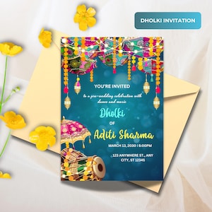 Dholki-uitnodiging 5 x 7", bewerkbare kleurrijke uitnodiging voor Dholki-nacht, Dholki-uitnodigingskaart voor je Dholki-nacht voor moslimbruiloft