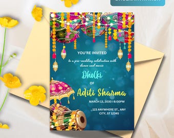 Dholki Invitation 5x7", Editable Colorful Invitation for Dholki Night, Dholki Invite Card for your Dholki Night for Muslim wedding
