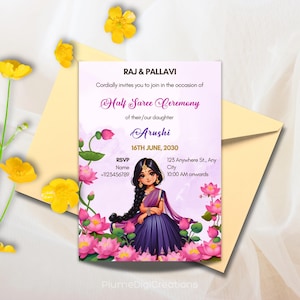 Half Saree Invitation 5x7&quot;, Editable Half Saree Ceremony Invitation, Puberty Invites for Half Saree Function