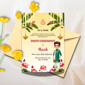 May include: A yellow and green invitation card with a cartoon boy wearing a green and white outfit. The card reads "Raj & Aruna cordially invite you & your family to grace the auspicious occasion of Dhoti Ceremony of Havish 17th June, 2030, 10:00 AM 123 Anywhere St, Any City, ST 12345".