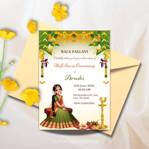 Half Saree Invitation 5x7&quot;, Editable Half Saree Ceremony Invitation, Puberty Invites for Half Saree Function