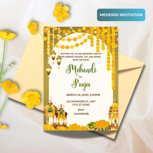 Mehndi Invitation 5x7&quot;, Editable  Invitation for Mehendi Night,  Mehendi Invitation Card for your Henna Event
