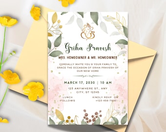 Indian Housewarming Invitation, Customizable Invitation for Indian house warming, Grihapravesh Invites, gruhapravesam invitation