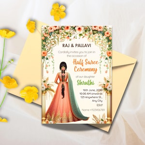 Half Saree Invitation 5x7&quot;, Editable Half Saree Ceremony Invitation, Puberty Invites for Half Saree Function