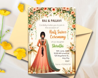 May include: An invitation to a Half Saree Ceremony for Shruthi, featuring a floral border and a woman in a pink and green saree. The event is scheduled for June 16th, 2030 at 10:00 AM. The invitation includes the address and RSVP information.