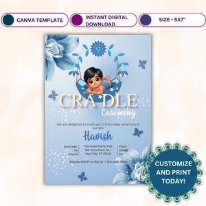 May include: Blue and white baby shower invitation with a cartoon illustration of a baby boy in a cradle. The invitation includes the text "CRADLE Ceremony" and the baby's name "Havish".