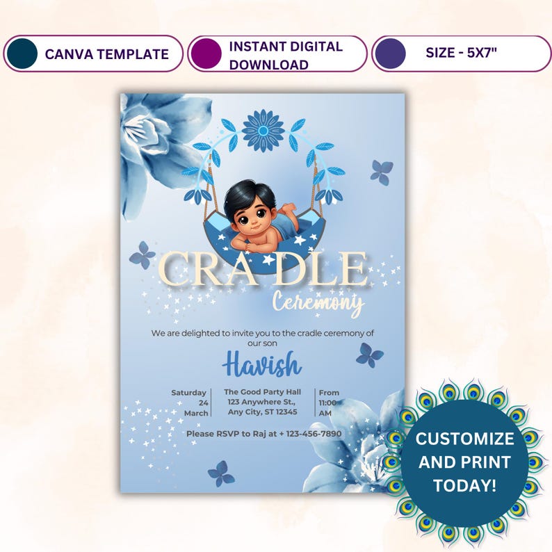 May include: Blue and white baby shower invitation with a cartoon illustration of a baby boy in a cradle. The invitation includes the text "CRADLE Ceremony" and the baby's name "Havish".