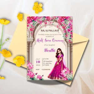 Half Saree Invitation 5x7&quot;, Editable Half Saree Ceremony Invitation, Puberty Invites for Half Saree Function
