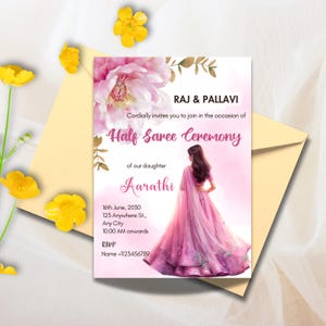 Half Saree Invitation 5x7&quot;, Editable Half Saree Ceremony Invitation, Puberty Invites for Half Saree Function