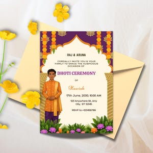 May include: An invitation card for a Dhot Ceremony. The card features a decorative arch with floral and lotus motifs, and the text "RAJ & ARUNA" at the top. The invitation includes the text "DHOTI CEREMONY" and the name "Havish".