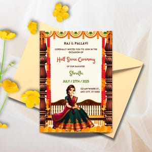 Half Saree Invitation 5x7&quot;, Editable Half Saree Ceremony Invitation, Puberty Invites for Half Saree Function