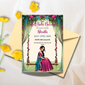 Half Saree Invitation 5x7&quot;, Editable Half Saree Ceremony Invitation, Puberty Invites for Half Saree Function