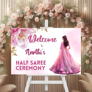 Sinal de boas-vindas da meia cerimônia Saree, cerimônia personalizável da puberdade do sul da Índia ou sinal de boas-vindas da função Half Saree