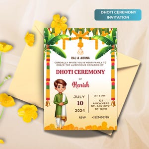 May include: A yellow and green invitation card featuring a cartoon boy in a green and white outfit. The card reads "Dhoti Ceremony of Harish" and includes the date "July 10, 2024" and time "At 5 PM".
