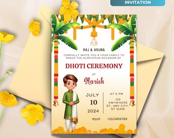 Dhoti ceremony invitation for Dhothi function invite & Panchalu invitation for Pancha Kattu, Dhoti invitations as Pacha Kattu invites
