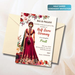 Può includere: Un invito a una cerimonia Half Saree per Preeti, figlia di Raj & Pallavi. L'invito presenta un design floreale con una donna in sari rosso e oro. L'evento è previsto per il 16 giugno 2024 alle 10:00. RSVP al +1123456789.