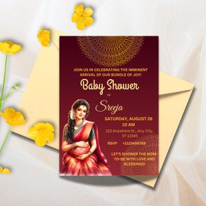 Uitnodiging Sreemantham voor je Indiase babyshower, uitnodigingskaarten Wallaikappu of Godh Barai of Seemantham, direct downloaden