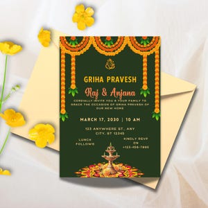 Indiase housewarmingsuitnodiging, aanpasbare uitnodiging voor Indiase housewarming, Grihapravesh nodigt, gruhapravesam-uitnodiging