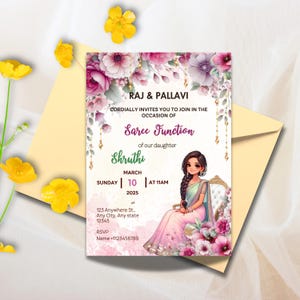 May include: A pink and purple floral invitation card with gold accents. The card features a cartoon illustration of a woman wearing a pink and green saree. The text on the card reads "Raj & Pallavi cordially invites you to join in the occasion of Saree Function of our daughter Shruthi March 10, 2025 at 11 AM 123 Anywhere St., Any City, Any state 12345 RSVP Name +1123456789".