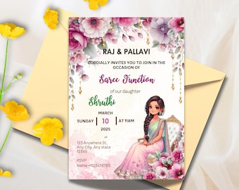 May include: A pink and purple floral invitation card with gold accents. The card features a cartoon illustration of a woman wearing a pink and green saree. The text on the card reads "Raj & Pallavi cordially invites you to join in the occasion of Saree Function of our daughter Shruthi March 10, 2025 at 11 AM 123 Anywhere St., Any City, Any state 12345 RSVP Name +1123456789".