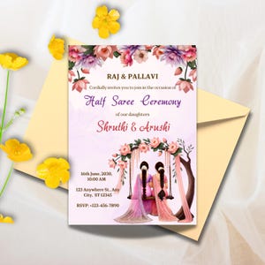 Half Saree Invitation 5x7&quot;, Editable Half Saree Ceremony Invitation, Puberty Invites for Half Saree Function