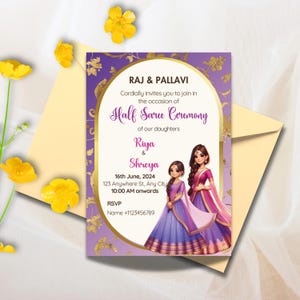 Uitnodiging halve Saree voor zussen, bewerkbare uitnodiging halve Saree ceremonie, puberteit nodigt uit voor functie halve Saree, digitale download