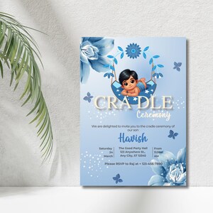 May include: Blue and white baby shower invitation with a cartoon illustration of a baby boy in a cradle. The invitation includes the text "CRADLE Ceremony" and the baby's name "Havish".