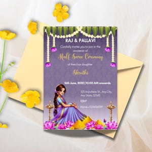 Half Saree Invitation 5x7&quot;, Editable Half Saree Ceremony Invitation, Puberty Invites for Half Saree Function
