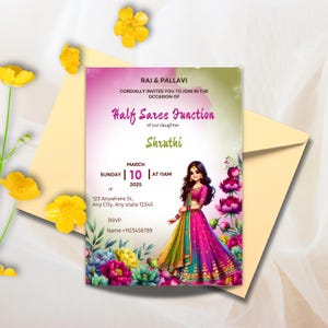Half Saree Invitation 5x7&quot;, Editable Half Saree Ceremony Invitation, Puberty Invites for Half Saree Function