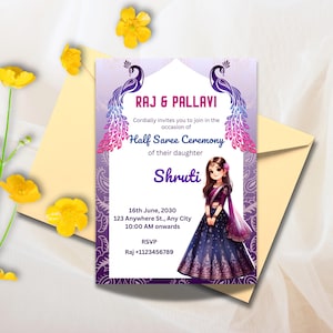 Half Saree Invitation 5x7&quot;, Editable Half Saree Ceremony Invitation, Puberty Invites for Half Saree Function