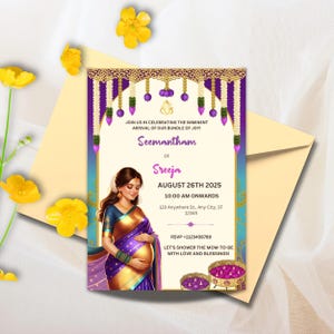 Sreemantham für Ihre indische Babyparty, Valaikappu oder Godh Barai oder Seemantham Einladungskarten einladen, Sofort Download