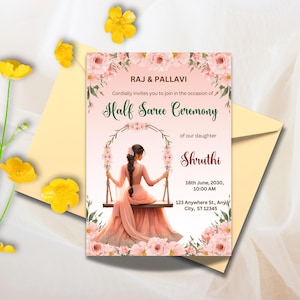 Half Saree Invitation 5x7&quot;, Editable Half Saree Ceremony Invitation, Puberty Invites for Half Saree Function