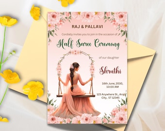 Half Saree Invitation 5x7&quot;, Editable Half Saree Ceremony Invitation, Puberty Invites for Half Saree Function