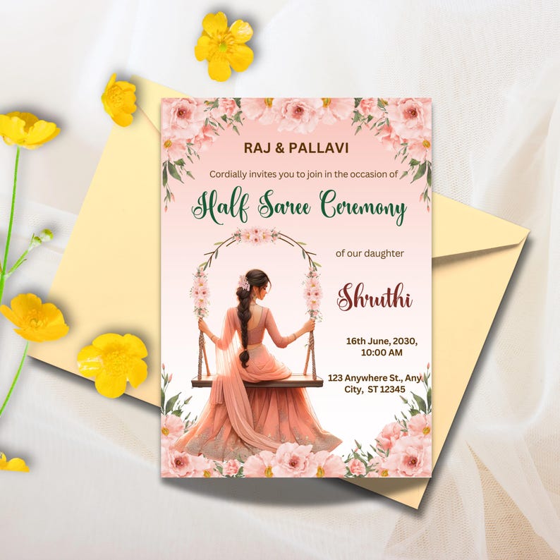 K&ouml;nnte beinhalten: Eine rosa und gr&uuml;ne Einladungskarte mit floralen Akzenten. Die Karte k&uuml;ndigt eine Half Saree Ceremony f&uuml;r Shruthi an, die am 16. Juni 2030 um 10:00 Uhr stattfindet. Die Adresse lautet 123 Anywhere St., Any City, ST 12345.