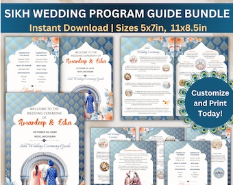 Programa de boda sij para su boda punjabi, guía de programa de boda personalizable para el orden de la ceremonia para la boda sij, paquete de 2 tamaños