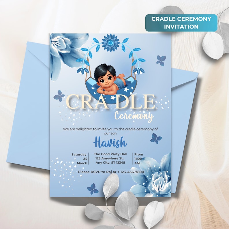 May include: Blue and white baby shower invitation with a cartoon illustration of a baby boy in a cradle. The invitation includes the text "CRADLE Ceremony" and "Havish".