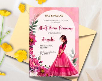 Half Saree Invitation 5x7&quot;, Editable Half Saree Ceremony Invitation, Puberty Invites for Half Saree Function, Instant Digital Download