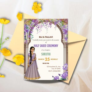 Half Saree Invitation 5x7&quot;, Editable Half Saree Ceremony Invitation, Puberty Invites for Half Saree Function