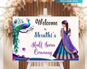 Half Saree Ceremony Welcome Sign, Customizable South Indian Puberty Ceremony or Half Saree Function Welcome Sign, Peacock Theme