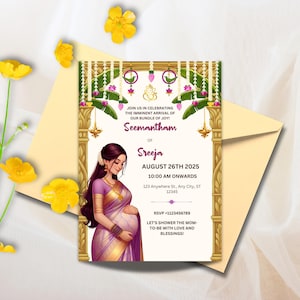 Invitación de Sreemantham para su Baby Shower indio, Valaikappu o Godh Barai o Tarjetas de invitación Seemantham, Descarga instantánea
