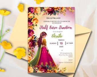 May include: A floral invitation card with a pink background and a colorful illustration of a woman in a pink and green sari. The text on the card reads "RAJ & PALLAVI cordially invites you to join in the occasion of Half Saree Function of our daughter Shruthi MARCH 10 AT 11AM 2025 at 123 Anywhere St. Any City, Any state 12345 RSVP Name +1123456789".