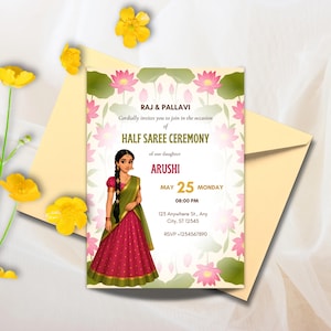 Half Saree Invitation 5x7&quot;, Editable Half Saree Ceremony Invitation, Puberty Invites for Half Saree Function