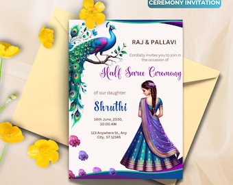 Half Saree Invitation 5x7&quot;, Editable Half Saree Ceremony Invitation, Puberty Invites for Half Saree Function, Peacock Theme