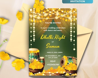 Dholki Invitation 5x7", Editable Colorful Invitation for Dholki Night, Dholki Invite Card for your Dholki Night for Muslim wedding