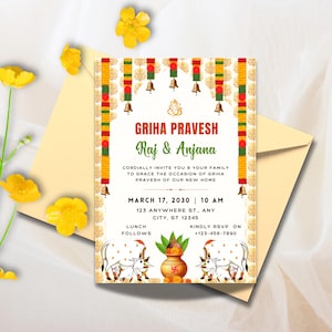 Indian Housewarming Invitation, Customizable Invitation for Indian house warming, Grihapravesh Invites, gruhapravesam invitation