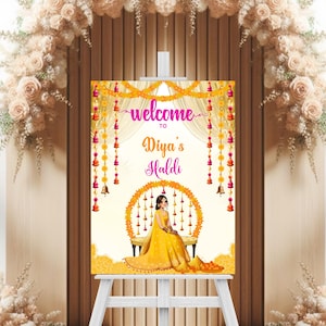 May include: Welcome to Diya's Haldi sign with a yellow and orange floral design. A woman in a yellow dress sits on a throne with a floral archway behind her.
