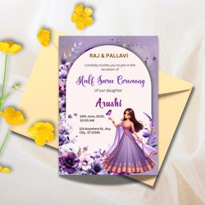 Puede incluir: Tarjeta de invitación morada con borde floral y una ilustración de dibujos animados de una niña con un sari morado y dorado. El texto de la tarjeta dice "Raj & Pallavi les invita cordialmente a unirse a la ocasión de la Ceremonia de Medio Sari de nuestra hija Arushi 16 de junio de 2030, 10:00 AM 123 Anywhere St., Any City, ST 12345"