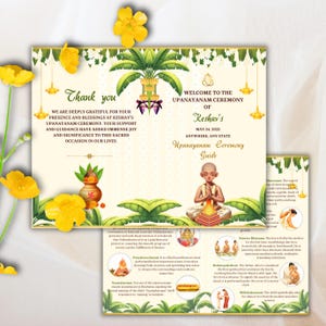Può includere: Un invito colorato per una cerimonia indù tradizionale chiamata Upanayanam. L'invito presenta un bordo floreale verde e giallo, un'immagine di un giovane ragazzo in una veste bianca e un testo che recita "Benvenuti alla cerimonia di Upanayanam di Keshav's, 24 maggio 2025, ovunque, qualsiasi stato".