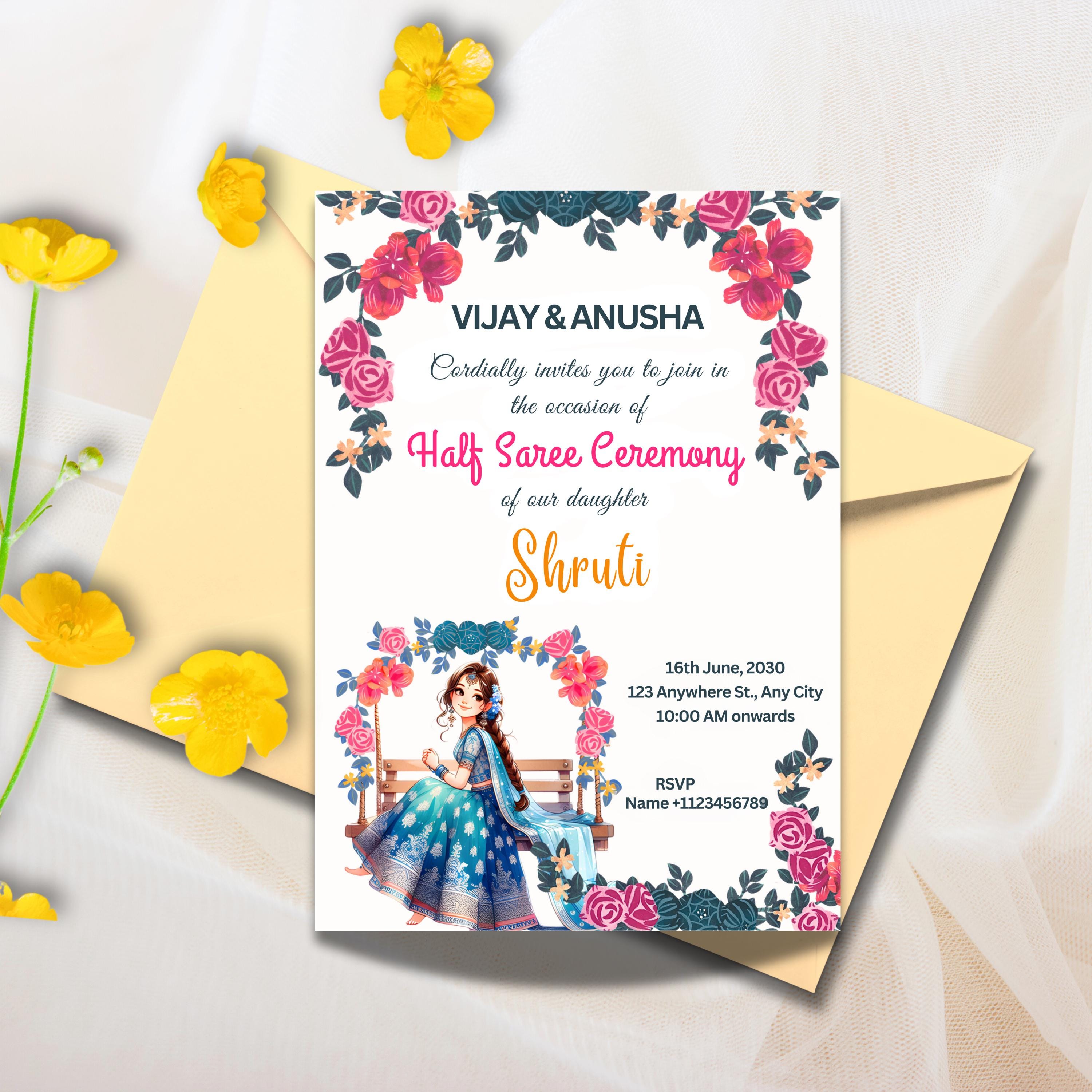 Invitación de medio sari de 5 x 7 pulgadas, invitación editable para la  ceremonia de medio sari, invitaciones de pubertad para la función de medio  sari, descarga digital instantánea - Etsy México, image size:3000x3000